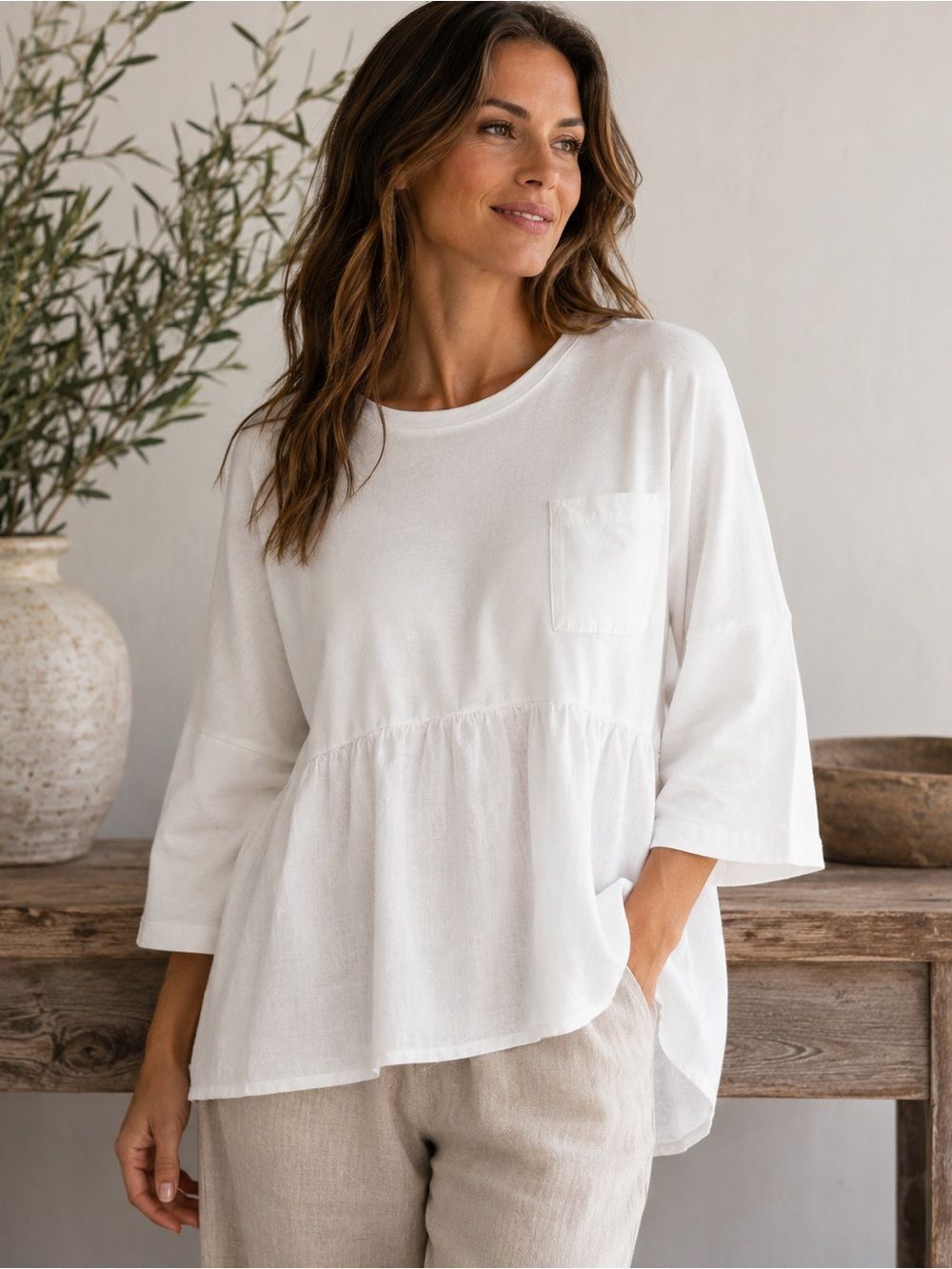 Postmark Anthropologie White Cotton Linen Peplum Tunic Top Pocket Oversized M